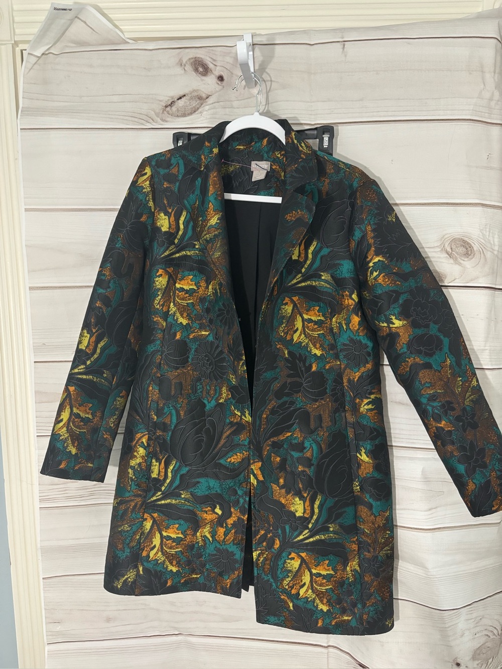 Chico's Black Floral Brocade Blazer with Teal & Gold Details